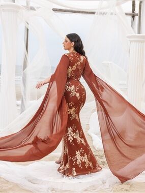 FAERIESTY XS Sequin Floral Maxi Mermaid Gown Dress Sheer Cape Sleeves